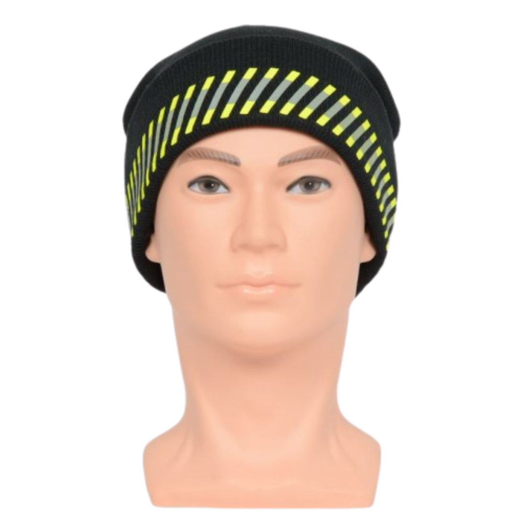 Black winter hat with reflective stripes