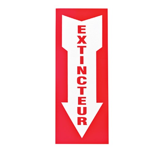 ece001 sign indicating the location of the fire extinguisher with a down arrow ad-26