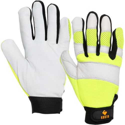 mks105 kosto goatskin leather with high visibility breathable polyester mechanic work gloves